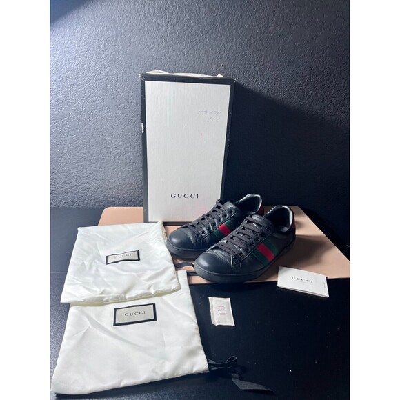 Gucci Ace Leather Lace Up Sneaker M Size 9.5 Black Python Embossed Authenticated - Picture 1 of 15